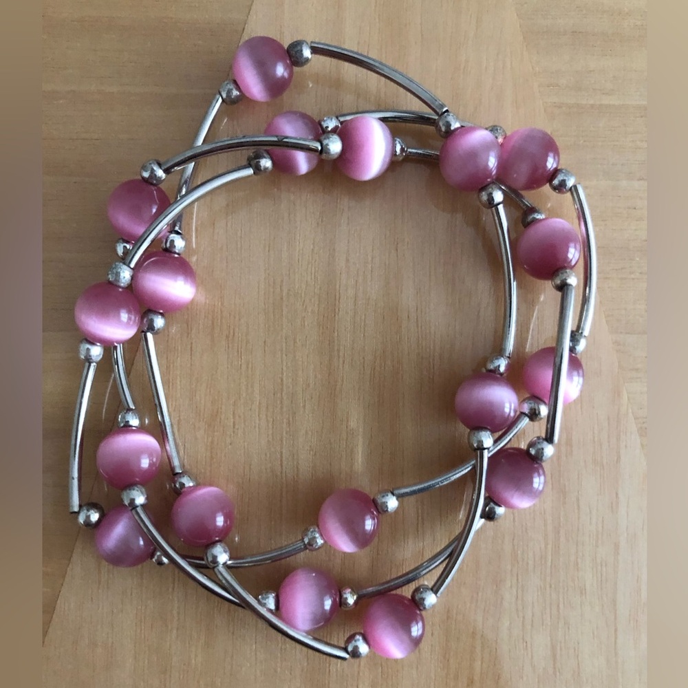 Pink and silver coloured 3 layer stretch beautiful bracelet